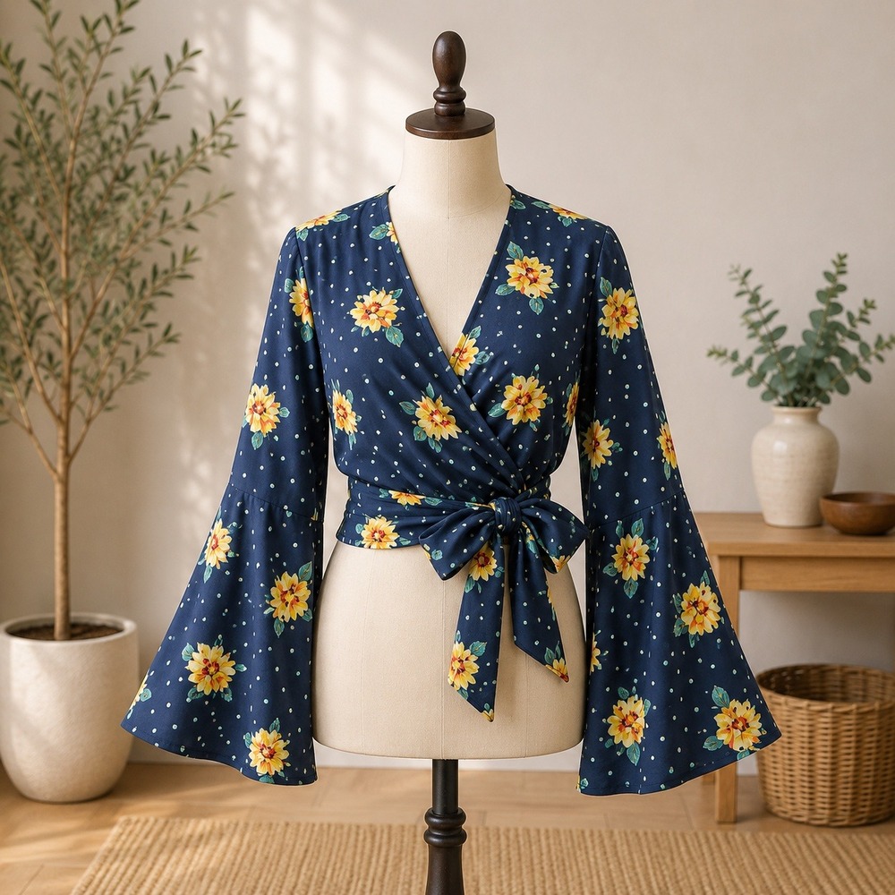 Topshop Floral Polka Dot Wrap Crop Top Womens US 4 Navy‎ Blue Bell Sleeve Boho